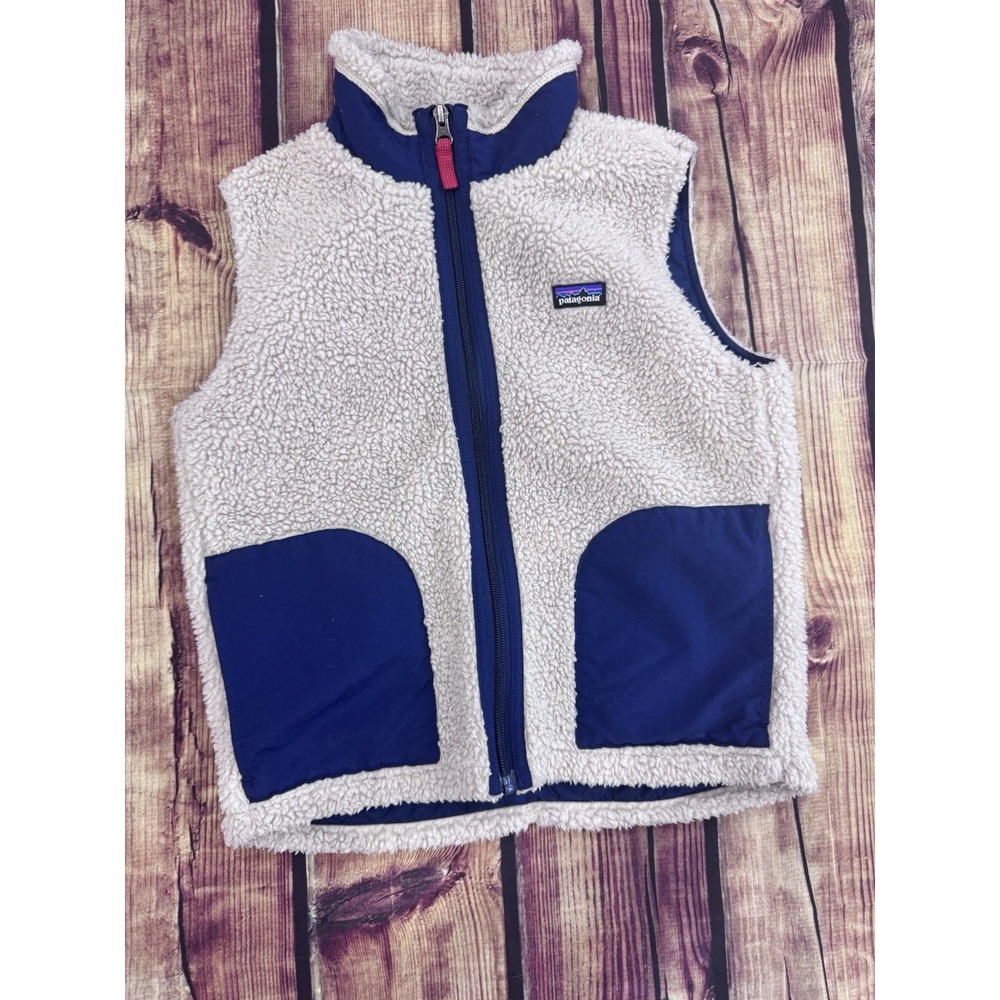 Patagonia Kids M Solid Fleece Vest Full Zip Pockets Beige Blue